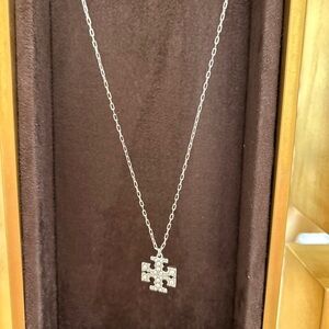 Tory Burch moondance Silver Tone Pave large Logo Pendant Necklace